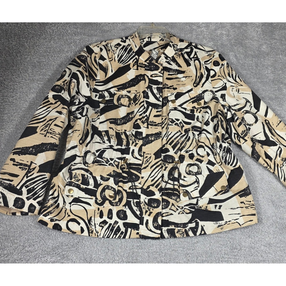 Silk Land Collection Utility Jacket Women 1X‎ Tan Black Abstract Silk Blend Good